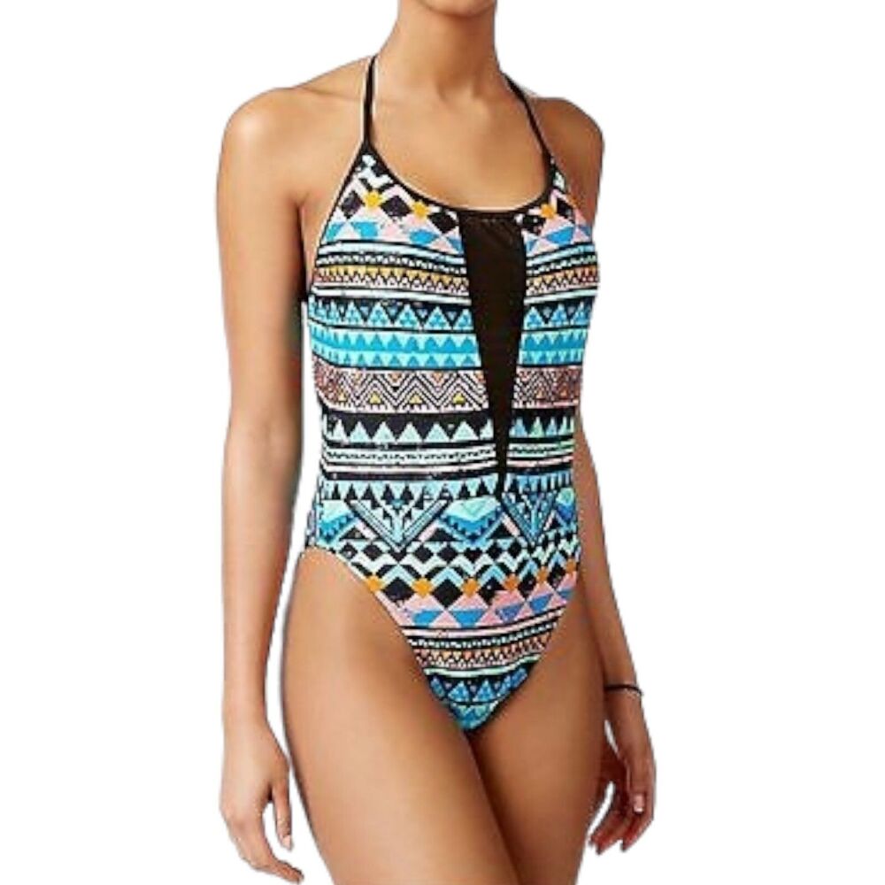 Bikini Nation Women One Piece Swimsuit Colorful Tribal Print Halter Neck Size S